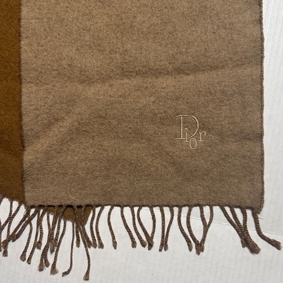 CHRISTIAN DIOR Vintage Scarf Embroidered Logo Neutral Tan Brown Fringe 48